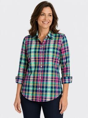 Chaps Women’s Size M Neon Plaid No Iron Cotton Button Up Shirt 3/4 Sleeve